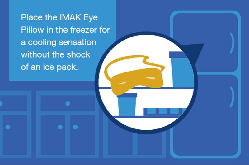Illustration of placing an IMAK Eye Pillow in the freezer.